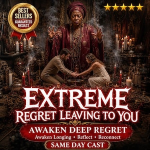Puede incluir: Una imagen digital con una figura central en una túnica granate realizando un ritual con dos personas. El texto dice: EXTREME REGRET LEAVING TO YOU, AWAKEN DEEP REGRET, Awaken Longing, Reflect, Reconnect, SAME DAY CAST y BEST SELLERS GUARANTEED RESULTS.