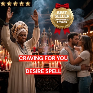 May include: A person in a beige robe and headwrap with arms raised, standing before a table with many lit candles and incense. To the right, a couple kisses. Text reads: CRAVING FOR YOU DESIRE SPELL. A gold badge says: BEST SELLER GUARANTEED RESULTS.