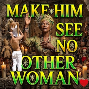 May include: A digital graphic featuring the text MAKE HIM SEE NO OTHER WOMAN. The image displays a person in a green patterned robe and headwrap, a couple in white clothing, several small dolls, lit candles, and mystical symbols.