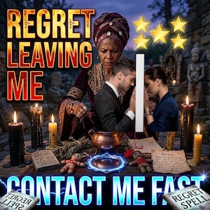 May include: A person in a dark red headwrap and robe performs a ritual with a copper cauldron, candles, and two small dolls. The text reads REGRET LEAVING ME and CONTACT ME FAST. A man and woman stand together, and five gold stars are visible above.