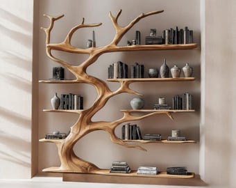 Estantería de madera hecha a mano con forma de árbol / Estantería flotante rústica con forma de rama