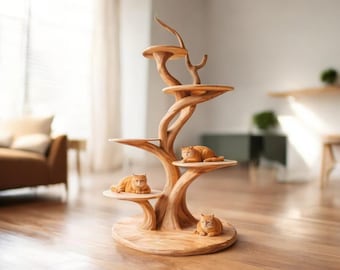Albero tiragraffi in legno naturale fatto a mano / Moderno trespolo a più livelli per gatti