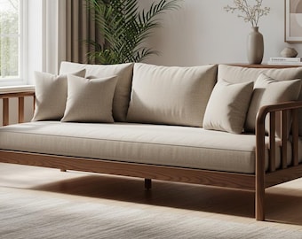 Massives Nussbaum Holz Sofa, Mid Century gepolstertes Zweiersofa, Skandinavisches Wohnzimmer Möbel