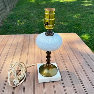 Vintage Milk Glass Hobnail Boudoir Lamp MCM Marble Base Bedside Vanity Light
