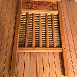 National No 801 Washboard The Brass King, Top Notch Waving Metal, Antique Wood Wash Board Chicago Sanitary Front Drain, 1920s Decor