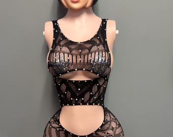 Rhinestone Black Fishnet Bodysuit | Cutout Dancewear, Clubwear, Festival Outfit