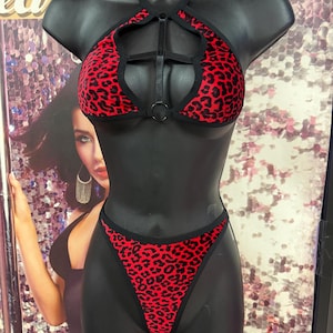 Red Leopard 2 Piece Exotic Dancewear Set | Halter Cutout Bra & High Cut Bottoms | Stripper Outfit | Clubwear Lingerie Set