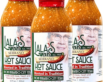 Lala's Cafe Serrano Hot Sauce – Traditional Texas Recipe, All Natural (3x 12oz Bottles)