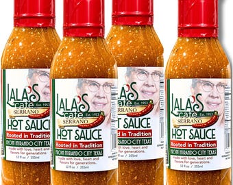 Lala's Cafe Serrano Hot Sauce – Traditional Texas Recipe, All Natural (4x 12oz Bottles)
