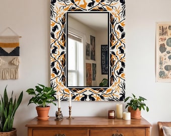 Espejo de arte popular, diseño botánico de conejo negro, decoración de bosque encantado