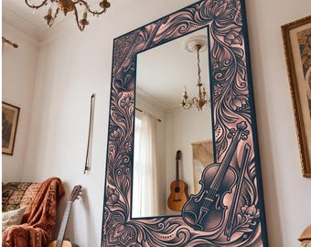 Ornate Violin & Floral Art Mirror, Aesthetic Musical Wall Decor, Silver Plexiglass Mirror on Printed Dekota, Unique Gift for Musicians