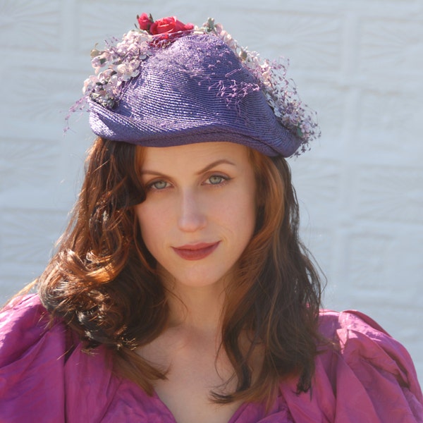 Vintage purple 1940s hat, formal, magenta pink velvet rose birdcage veil netting pin-up 1930s