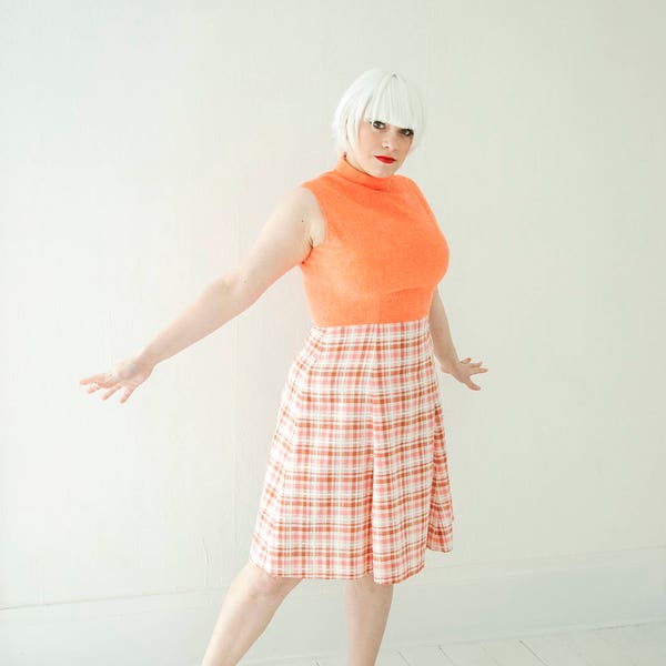 Vintage coral plaid dress, orange white sleeveless summer, L XL plus size, 1970s SALE