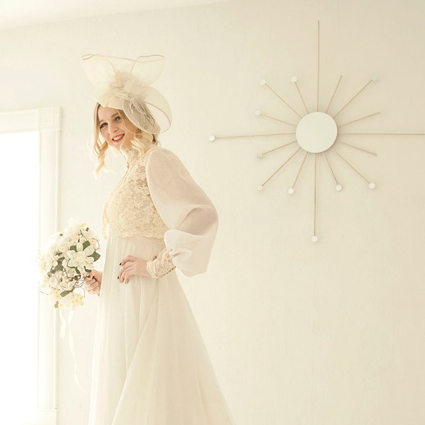 Vintage two-piece wedding dress set, ivory long sheer sleeves lace bolero, white chiffon Victorian floral empire waist, train S 1970s boho