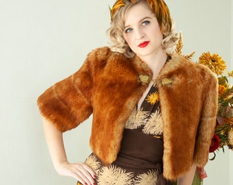 Vintage 1930s shearling fur bolero, natural orange brown genuine short puffed sleeve coat crop jacket stole XS