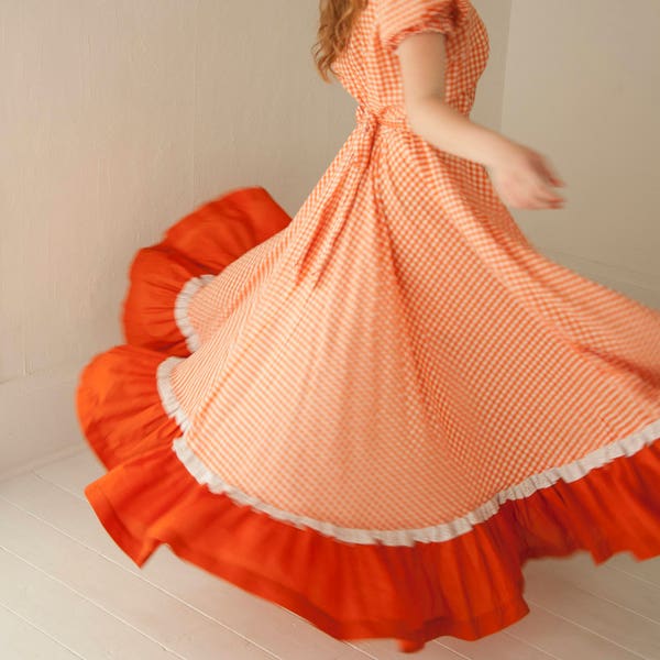 Vintage orange gingham dress, frontier prairie old fashioned boho long maxi cotton, Oklahoma L XL