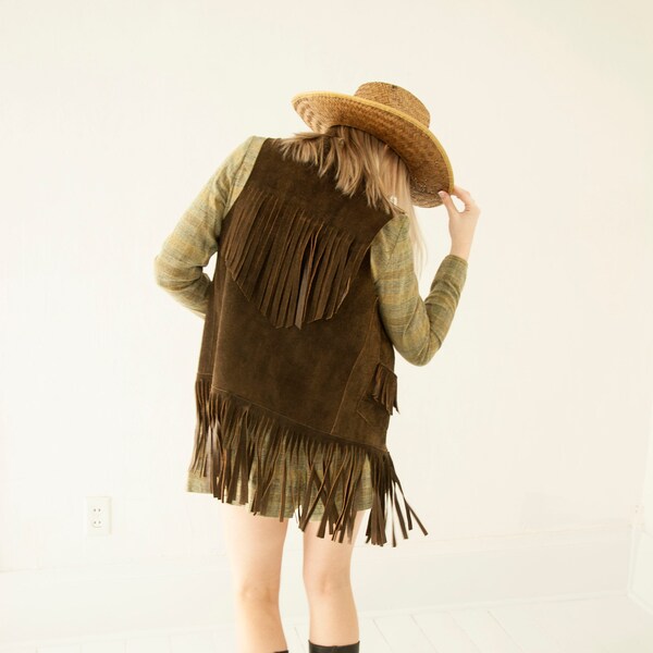 Vintage brown suede fringe vest, leather boho pockets 1960s 1970s