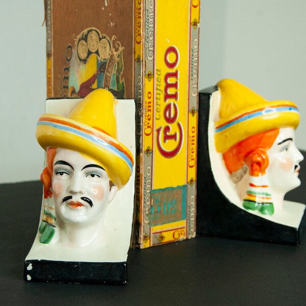 RESERVED Vintage 1940s señor bookends, yellow sombrero hat, orange green white, Latin Spanish Mexican man face mustache gift decor