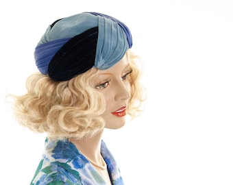Vintage 1950s shades of blue hat, light cobalt navy velvet satin formal turban style
