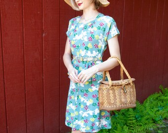 Vintage 1940s novelty print dress, teal green baskets, short sleeve, peplum rayon knee-length, XS S