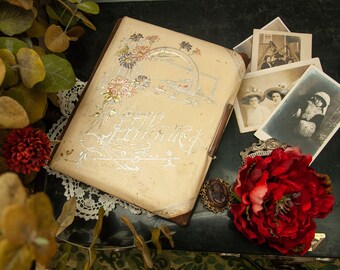 Antique white photo album, silver metallic floral daisies flowers Victorian wedding Art Nouveau scrapbook 1800s