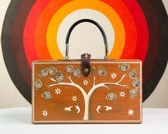 Vintage wooden box purse, money tree gold coins birds, brown wood leather black novelty handbag boho 1960s 1970s Forsum