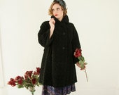 Vintage 1950s black Persian lamb coat, curly faux fur long collar vegan wool jacket, pin-up 1960s French France L