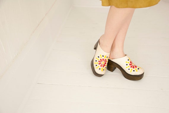 Vintage white platform shoes, leather red floral f