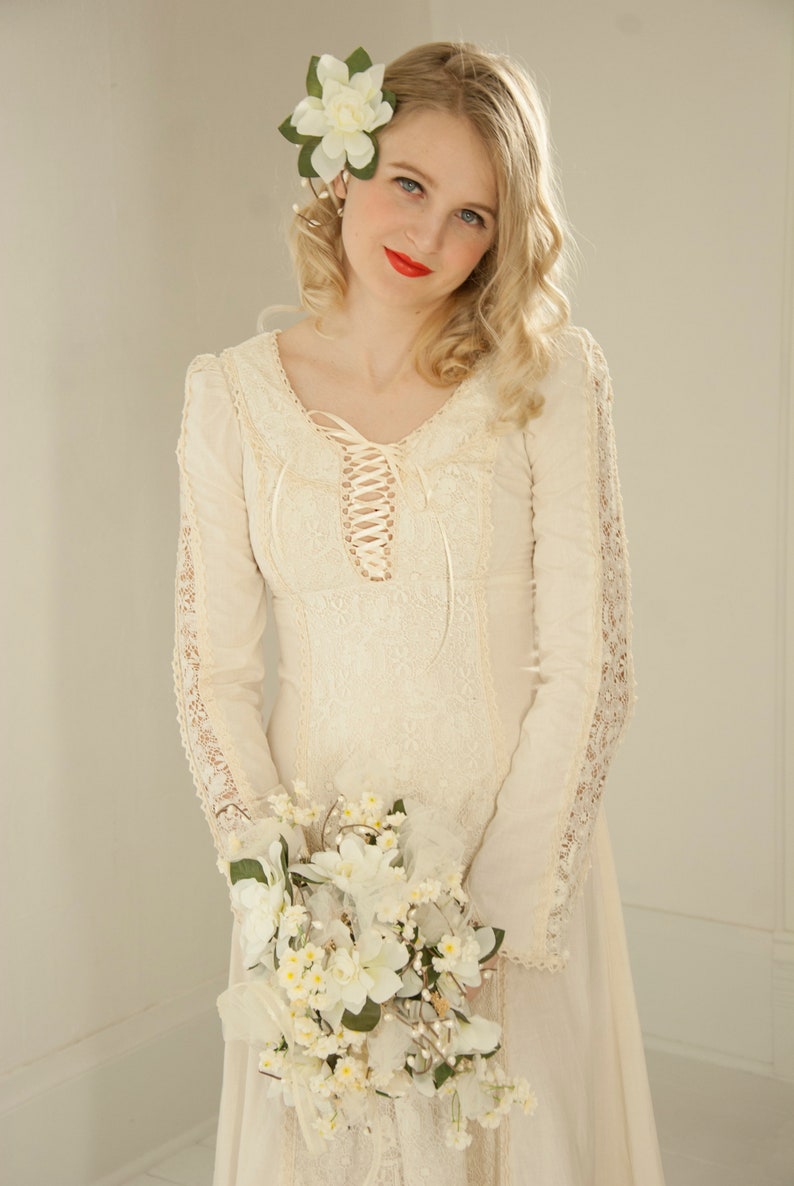 Vintage Boho Wedding Dress Off White Lace Sheer Long Sleeve Etsy