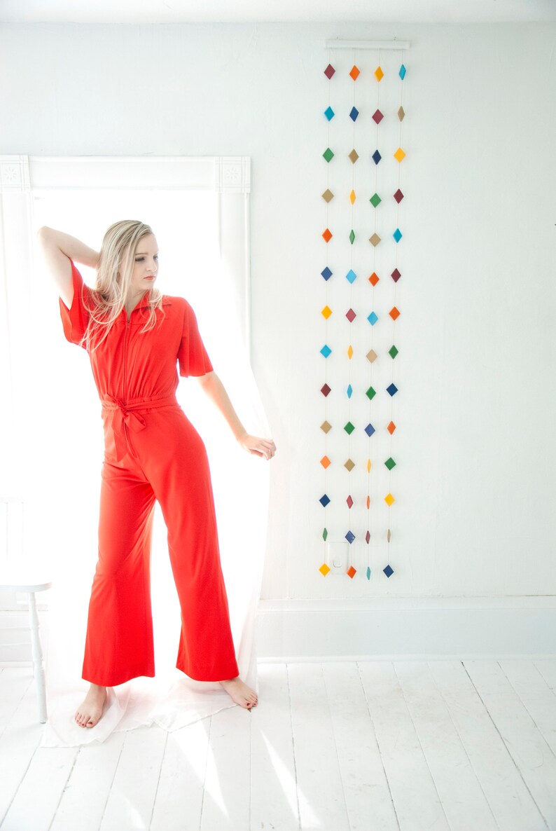 Vintage red jumpsuit red short flutter sleeve pantsuit high-waist wide-leg palazzo pants bell bottoms S M 1970s retro boho