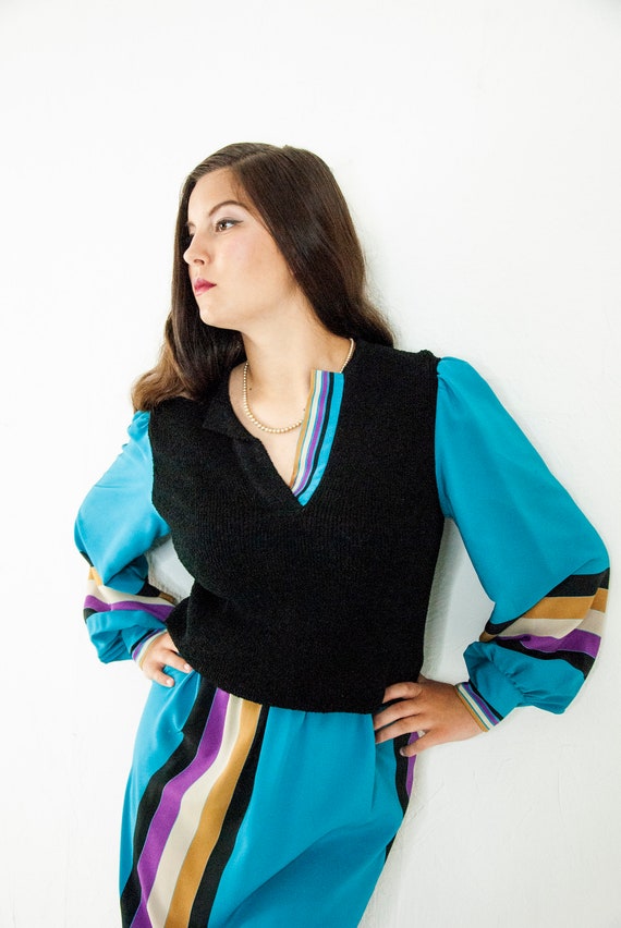 Vintage blue striped sweater dress set, long ballo