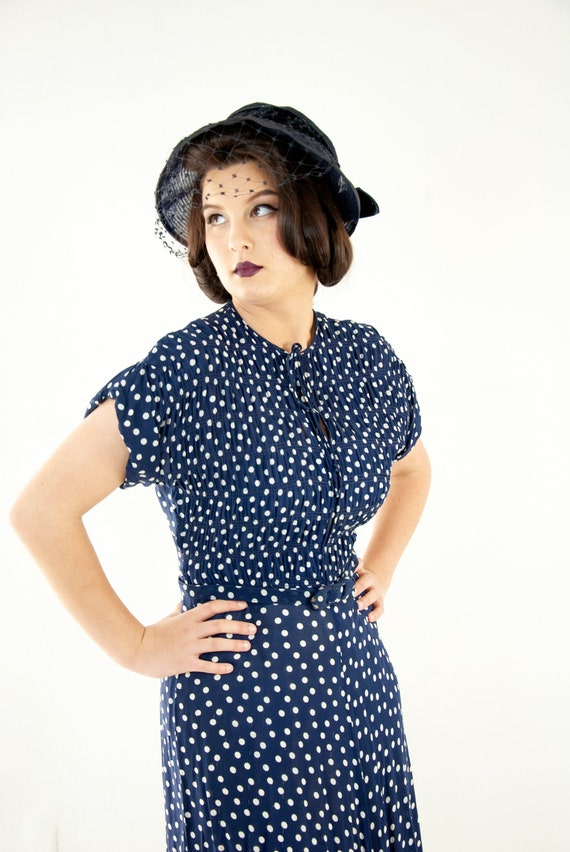 Vintage 1940s Navy Polka Dot Dress Blue 