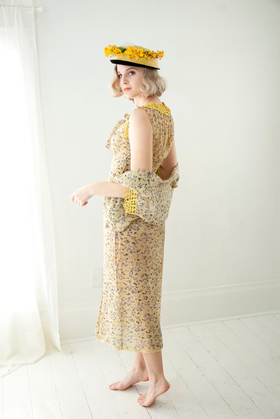Vintage 1930s yellow floral dress set, sheer rayon