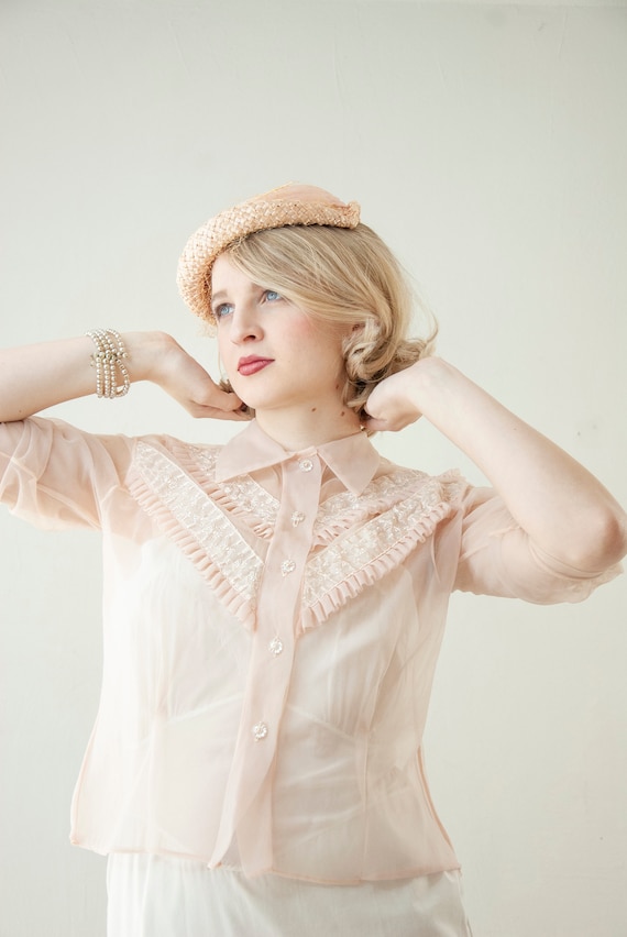 Vintage 1950s sheer pink blouse, pastel light nylo