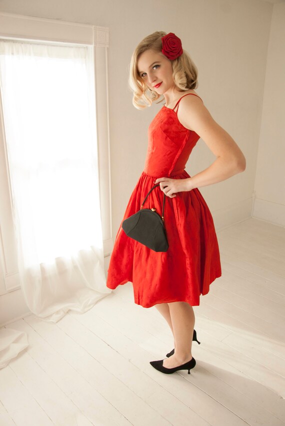 Vintage Red Formal Dress Sleeveless Prom Brocade Roses Short Etsy