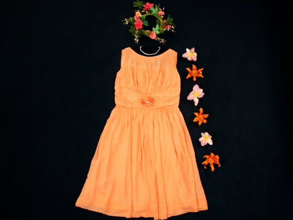 Vintage 1950s coral chiffon dress, orange sleevele