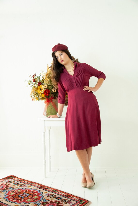 Vintage 1940s wine dress, rayon burgundy raspberry