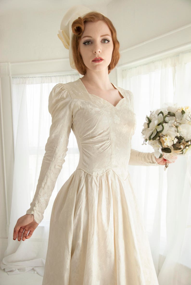 Vintage 1940s floral wedding dress brocade long sleeve | Etsy
