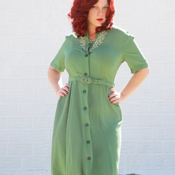 Vintage 1950s dress, green sage day wiggle pin up, ivory embroidery detail, rayon spring summer L XL plus size Alysen SALE