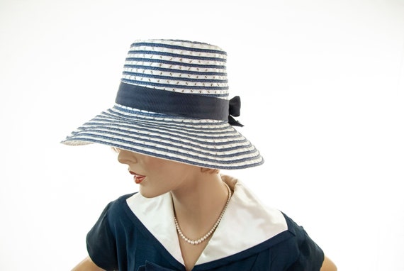 Vintage Navy White Striped Sun Hat Wide 