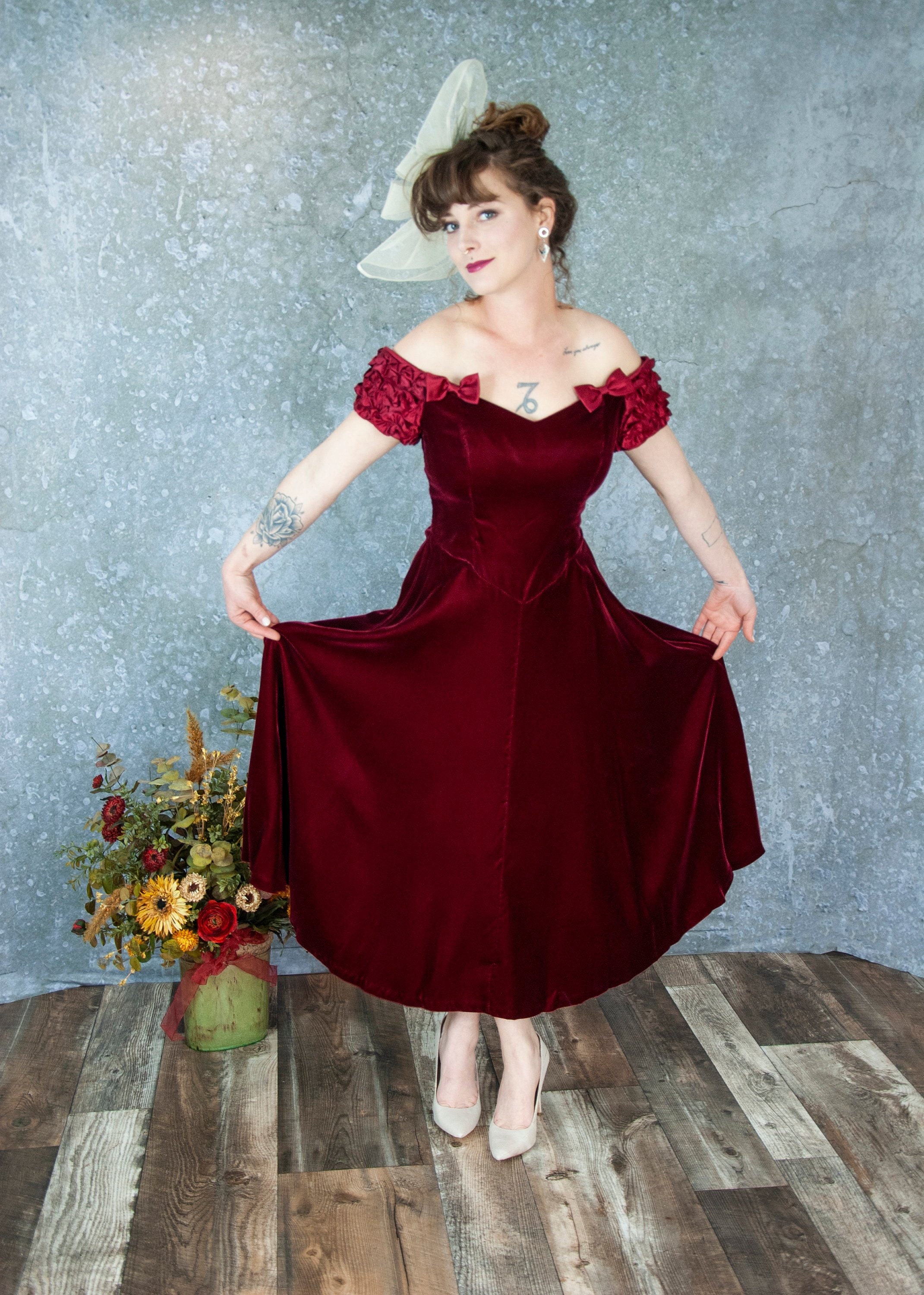 red velvet off the shoulder dress