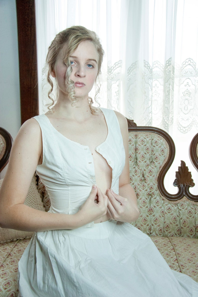 White Victorian camisole vintage antique lingerie 1800s XS buttons cotton bra chemise bodice longline sleeveless top