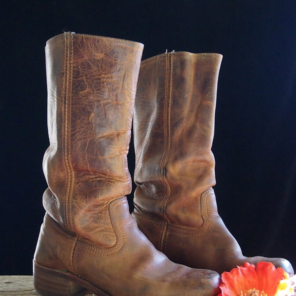 Distressed Frye boots for women, brown campus boots, size 8.5