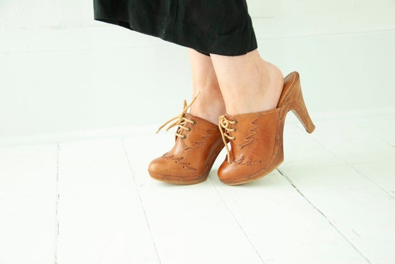 Vintage brown wooden clogs, sexy tall leather soli