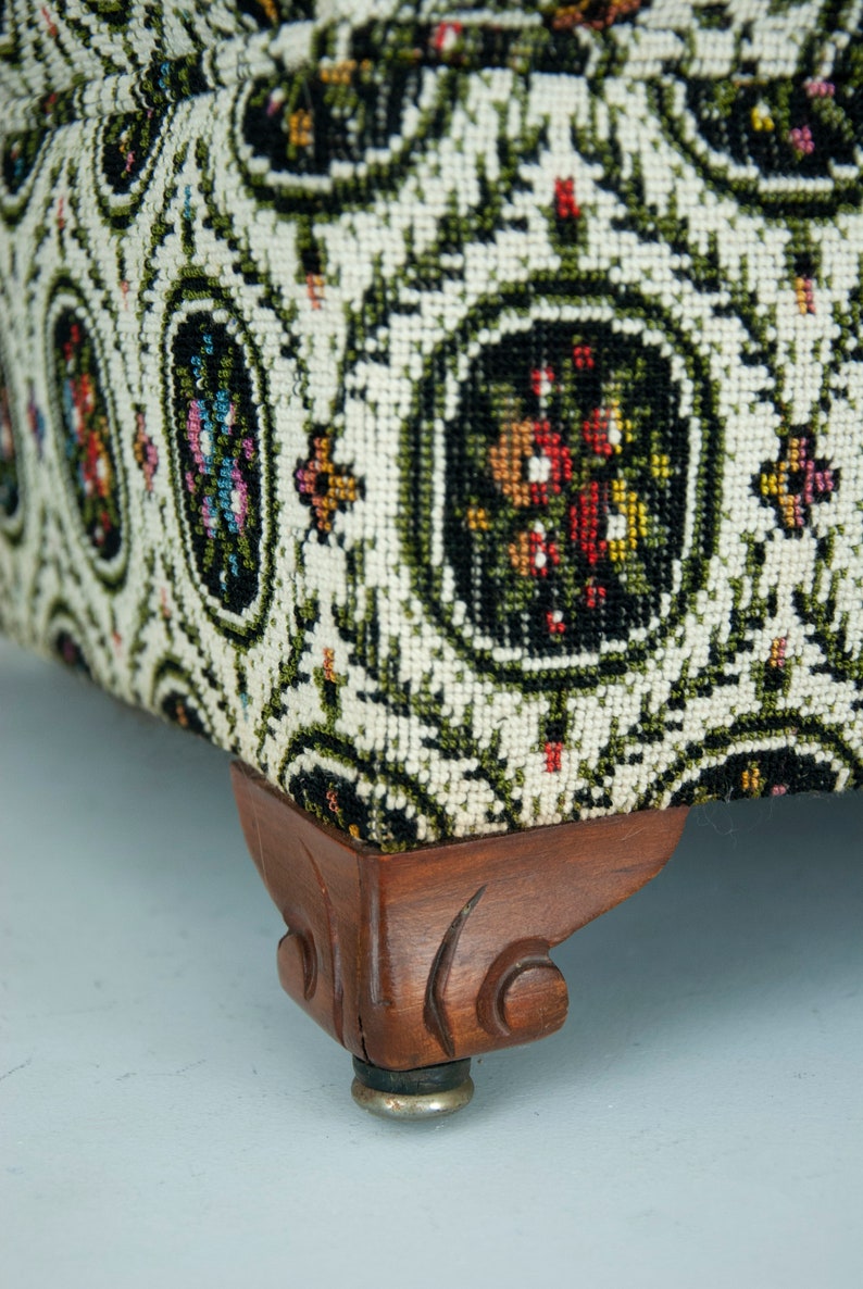 Vintage needlepoint ottoman footstool geometric floral Etsy