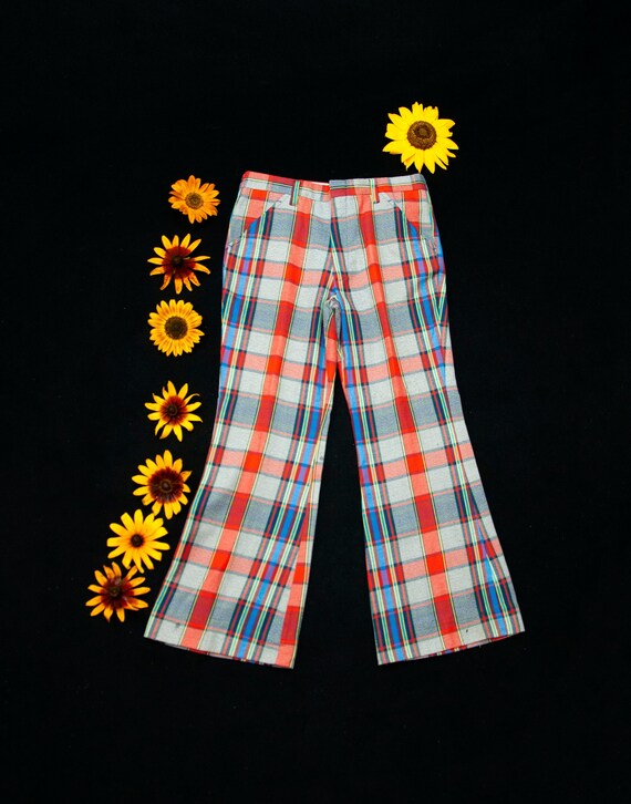 Vintage plaid bell bottom pants, red white blue hi