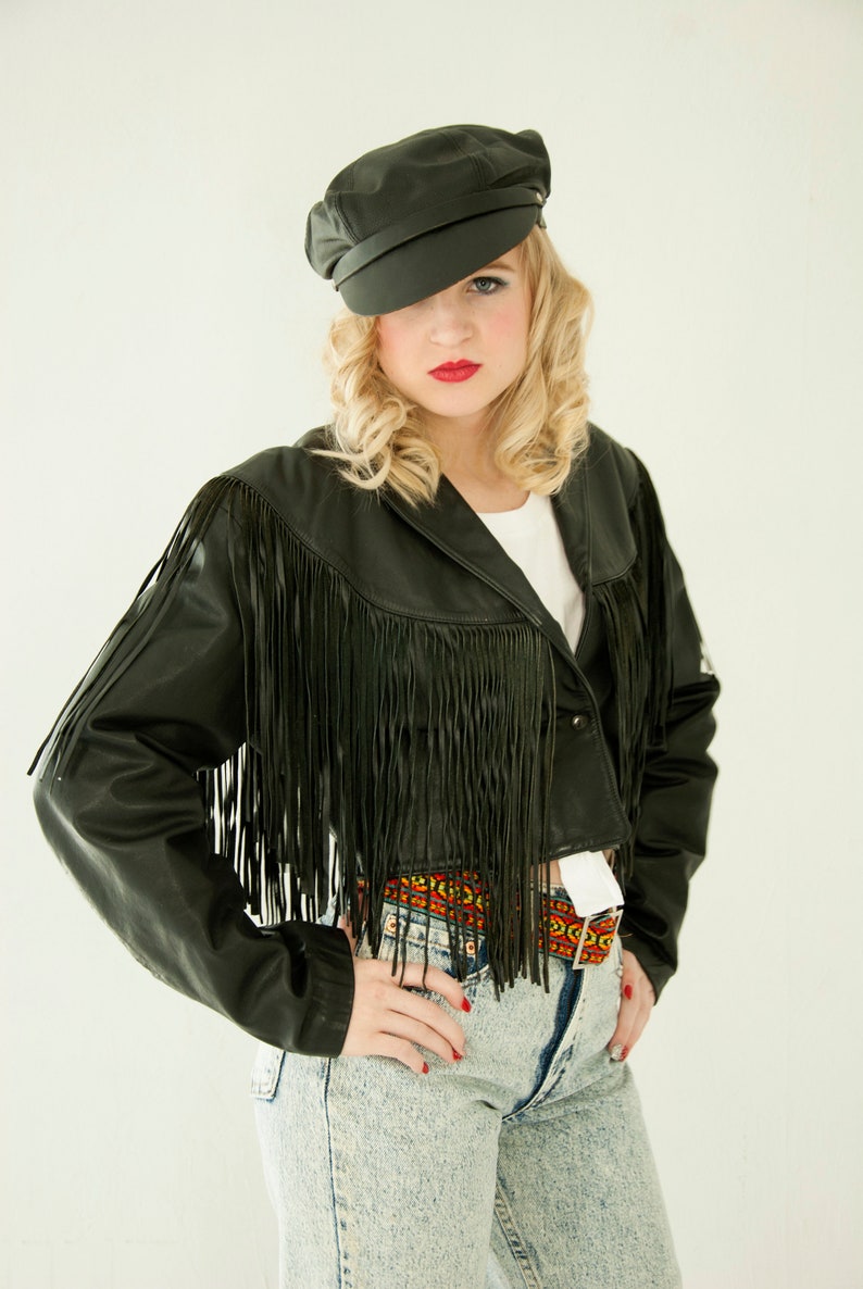 Vintage Black Leather Jacket Fringe Short Crop Las Coat Biker Motorcycle Rocker 1980s S