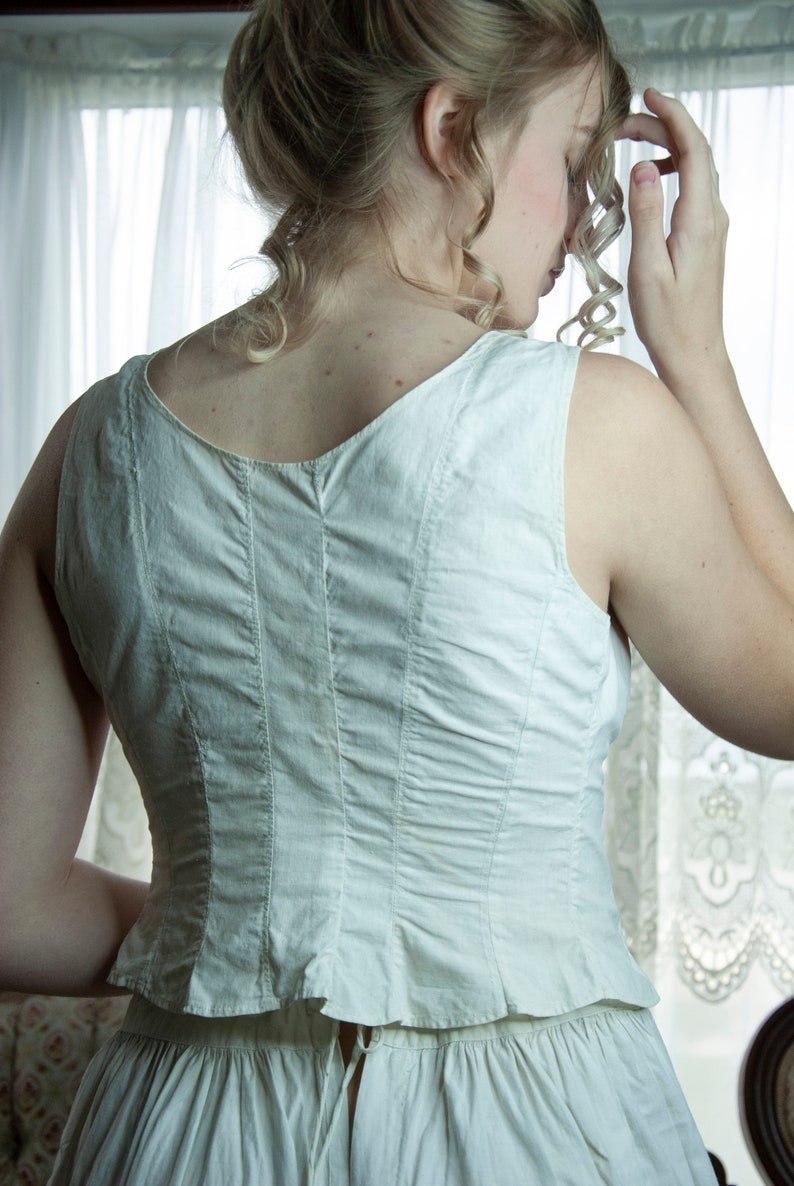 White Victorian camisole vintage antique lingerie 1800s XS buttons cotton bra chemise bodice longline sleeveless top