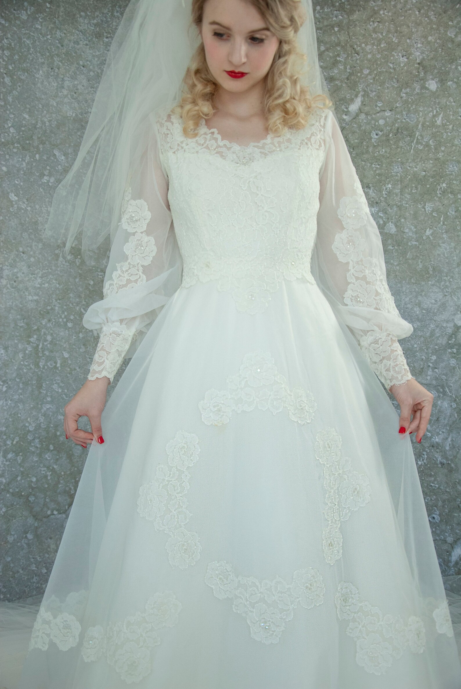 Vintage Balloon Sleeve Wedding Dress Long Bishop Sheer Floral | Etsy