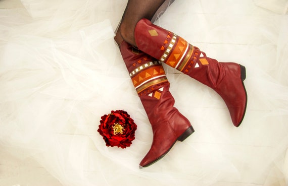 Vintage red striped boots, genuine leather tall pa